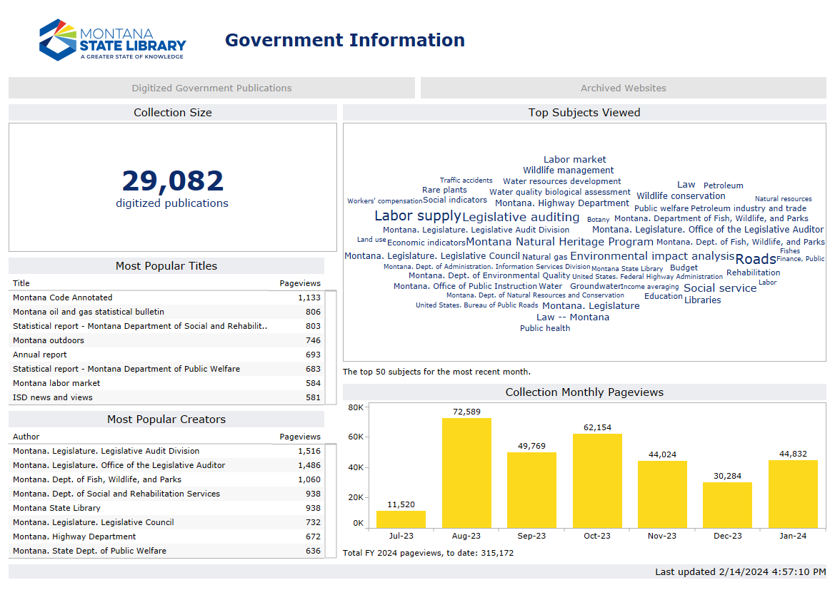 Dashboard screenshot featuring charts related to digitized government publications
