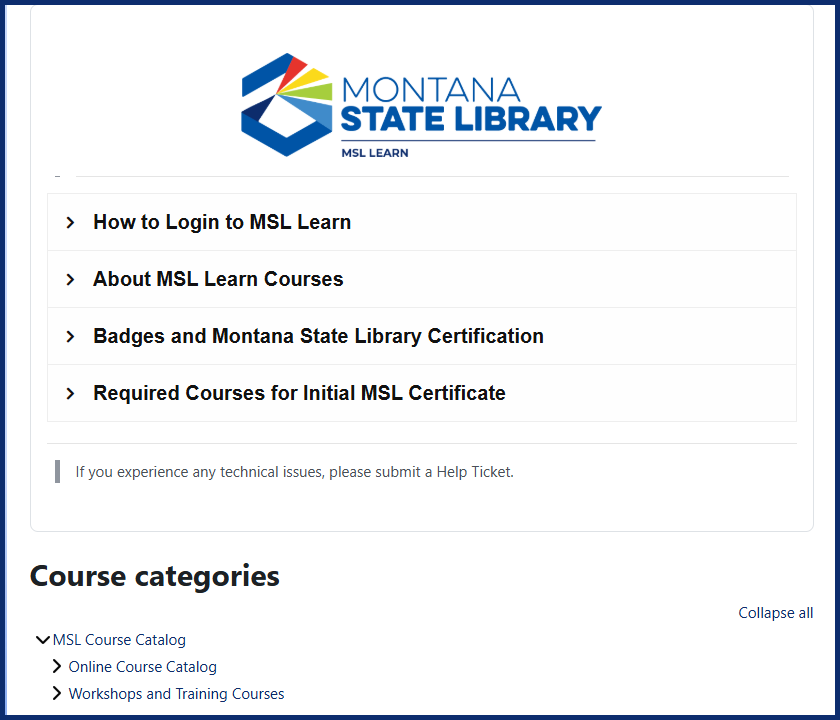 Screenshot of MSL Learn Homepage