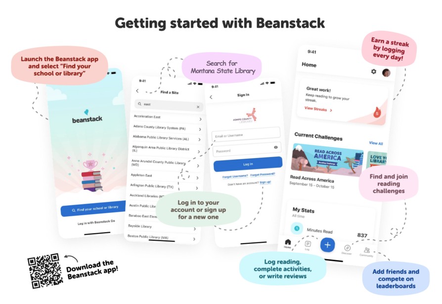 get the app, find Montana state library, sign up, join a challenge and start tracking!