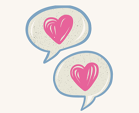 two speech bubbles with pink hearts inside